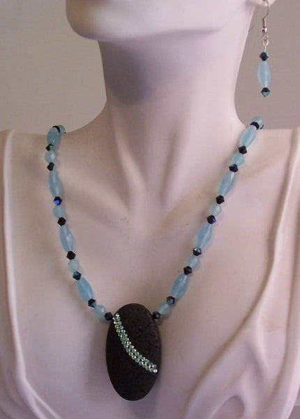 Aqua on Lava Rock Necklace Set