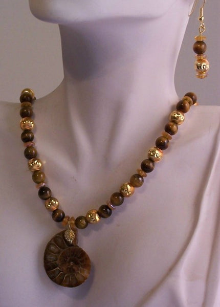 Ammonite Pendant with Tigereye Necklace Set