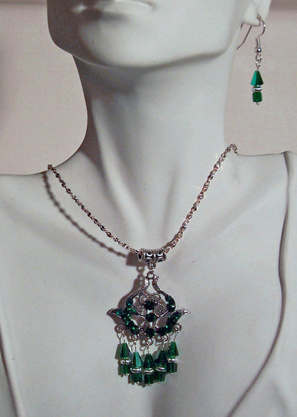 Emerald Green Crystal and Rhinestones on Antiqued Silver Pendant Set